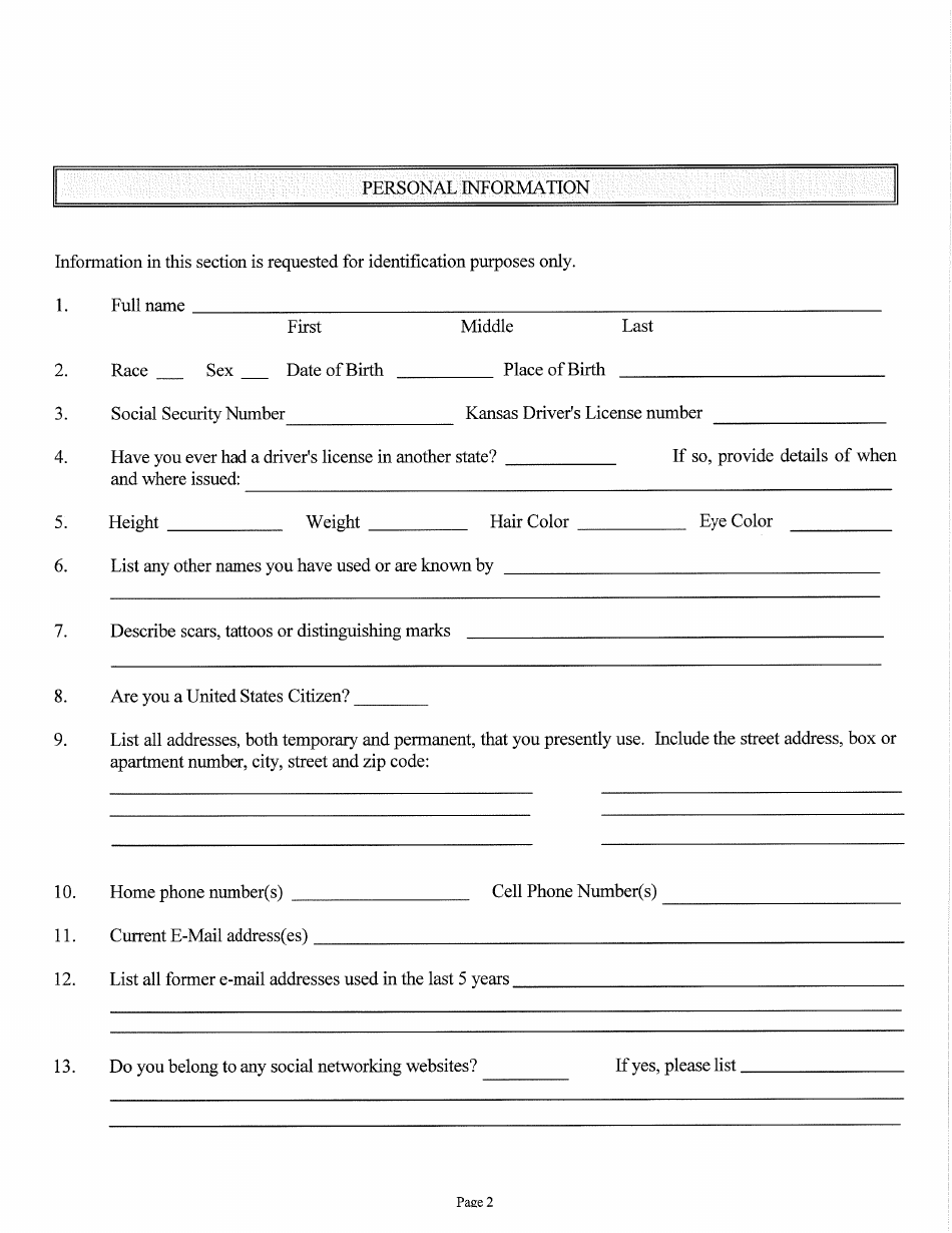 Judicial  Gubernatorial Background Information Form - Kansas, Page 2