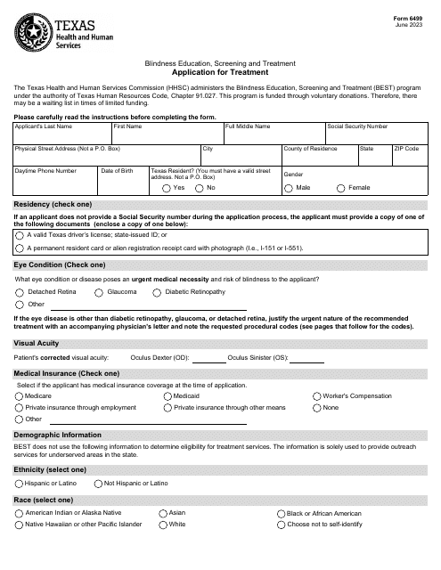 Form 6499 Application for Treatment - Texas