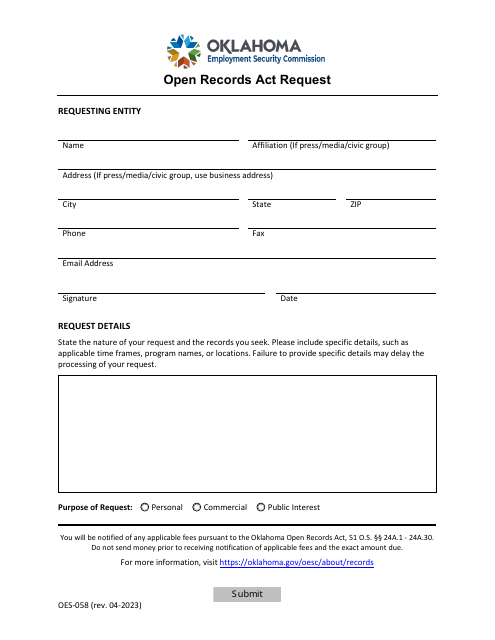 Form OES-058 Open Records Act Request - Oklahoma