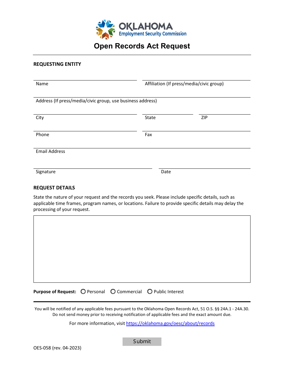 Form OES-058 Open Records Act Request - Oklahoma, Page 1