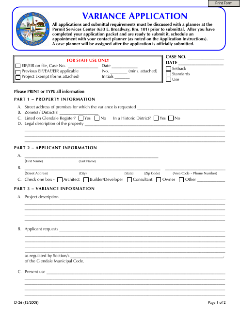 Form D-26 Variance Application - City of Glendale, California