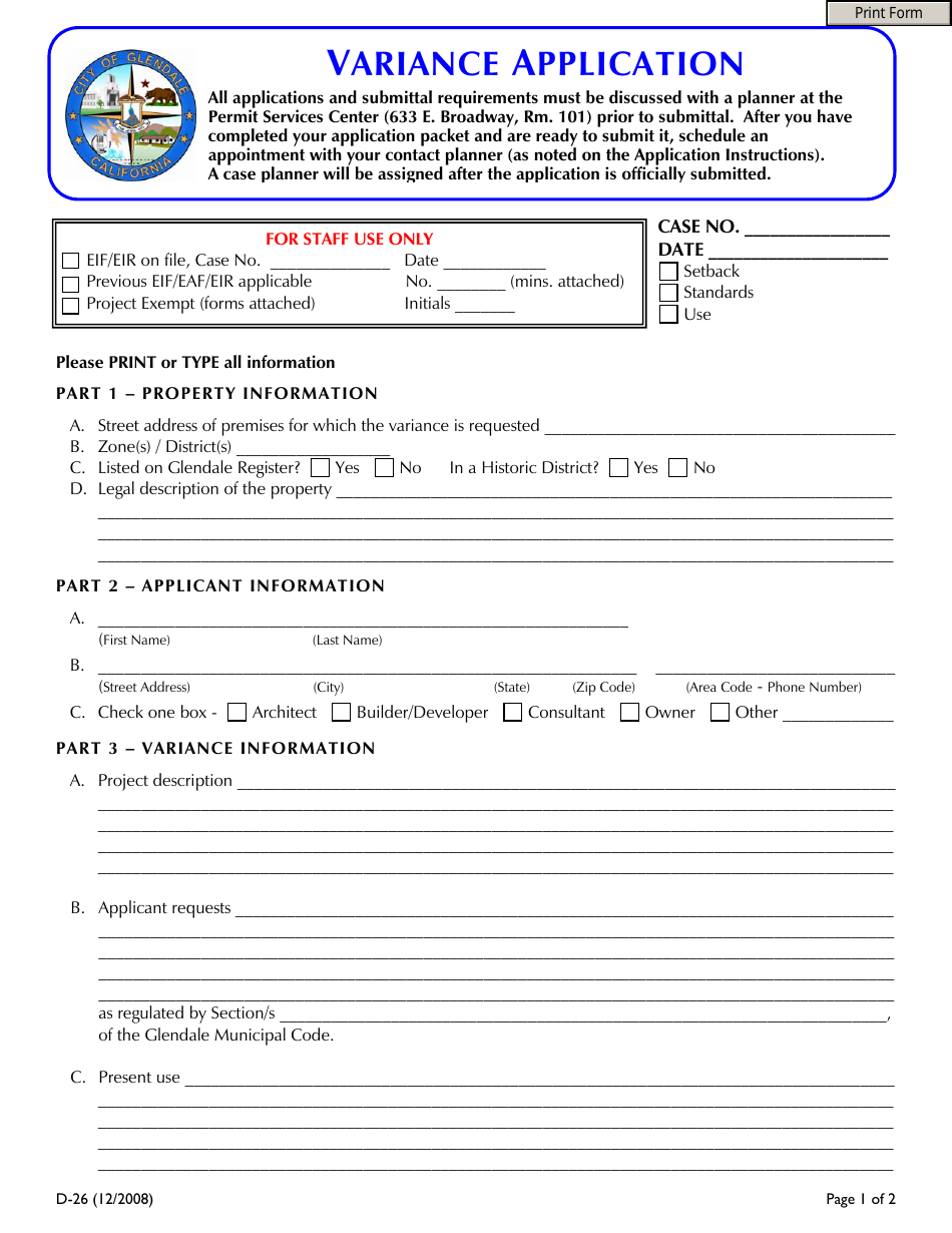 Form D-26 Variance Application - City of Glendale, California, Page 1