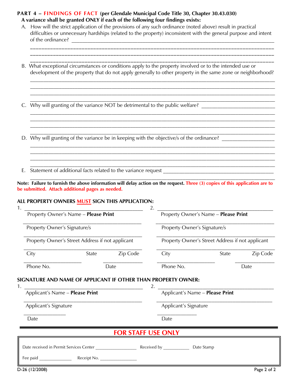 Form D-26 Variance Application - City of Glendale, California, Page 2