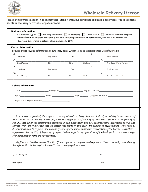 Form L-108 Wholesale Delivery License - City of Glendale, California
