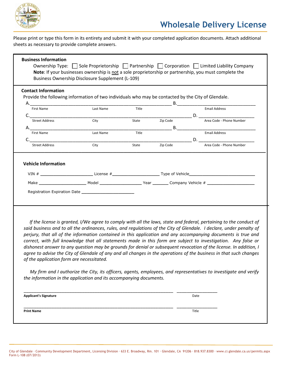Form L-108 Wholesale Delivery License - City of Glendale, California, Page 1