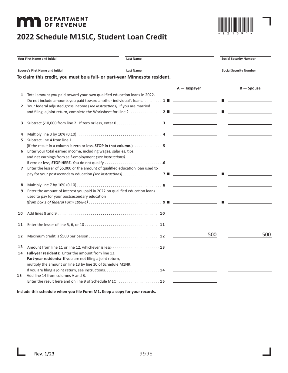 Schedule M1SLC Student Loan Credit - Minnesota, Page 1