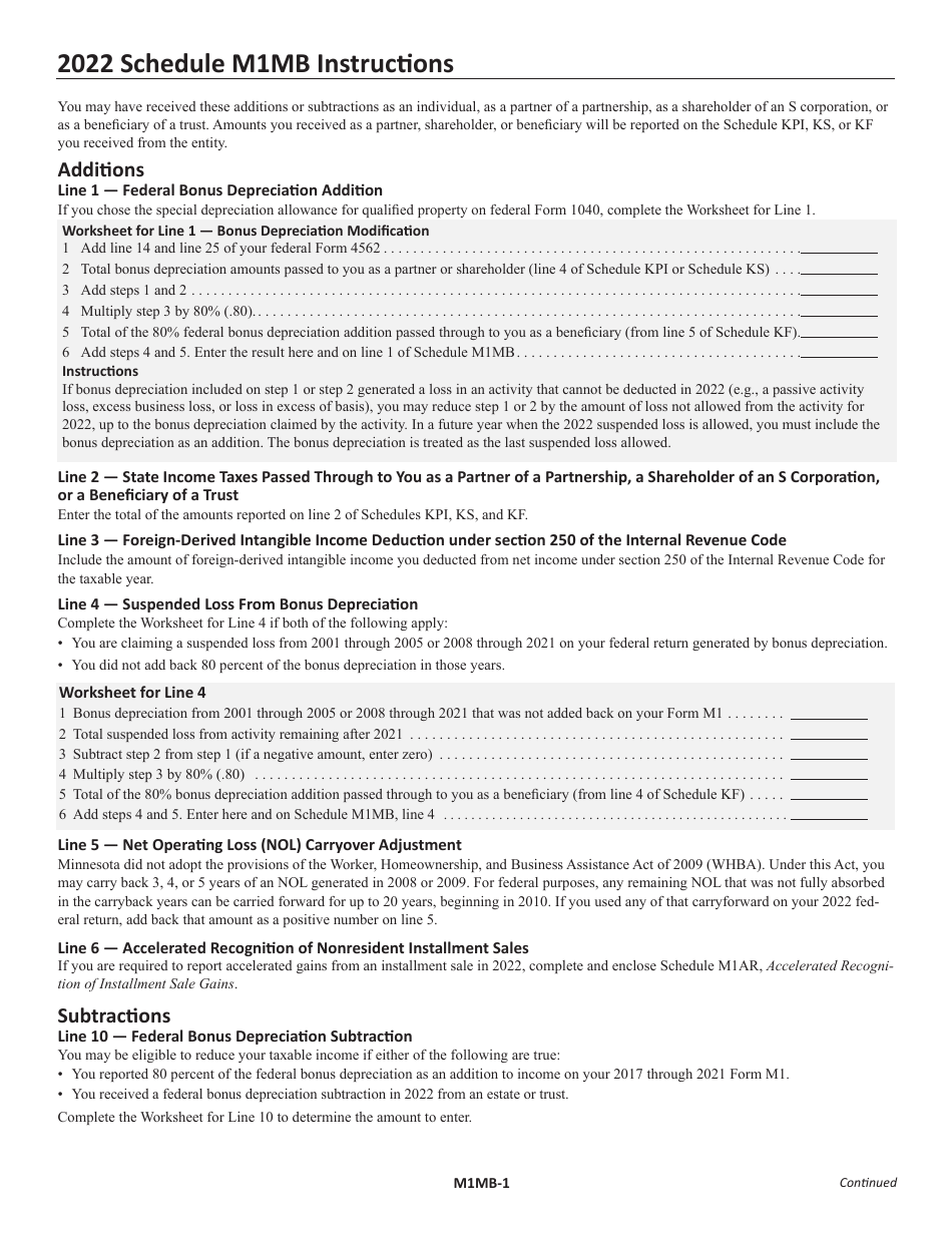 Schedule M1MB Business Income Additions and Subtractions - Minnesota, Page 2