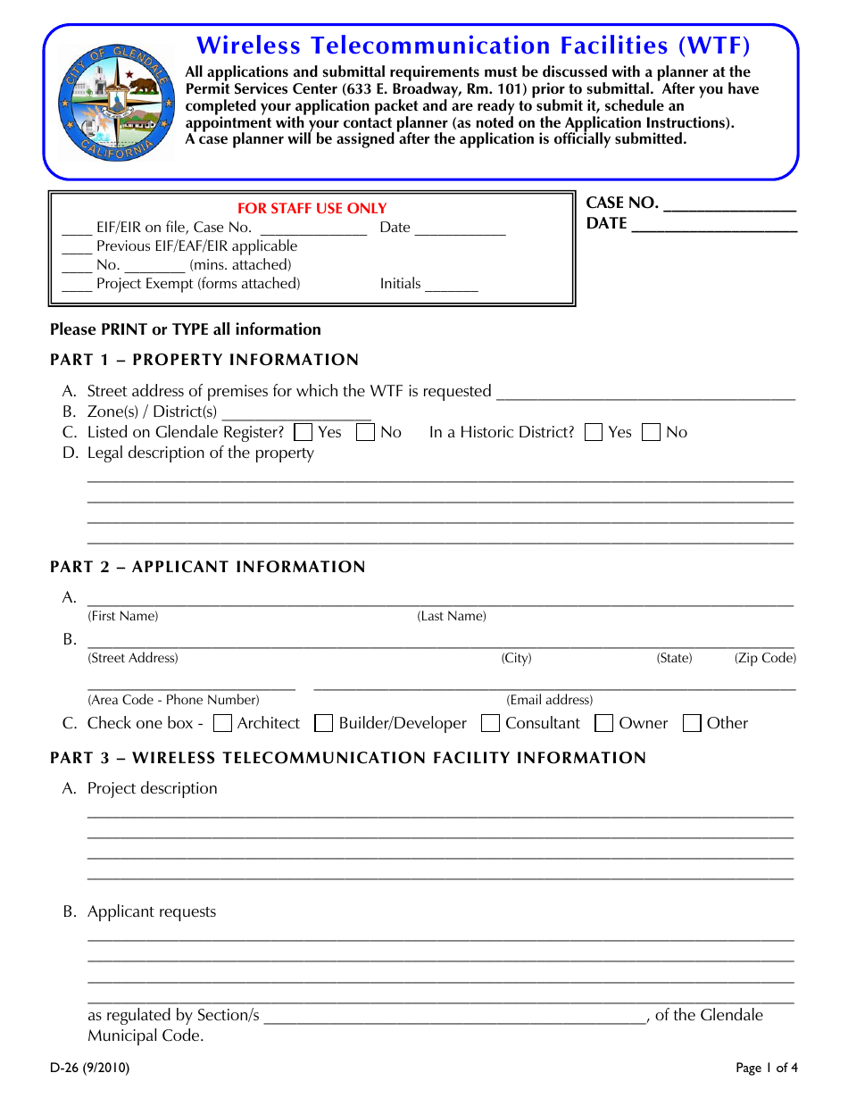 Form D-26 Wireless Telecommunication Facilities (Wtf) - CIty of Glendale, California, Page 1