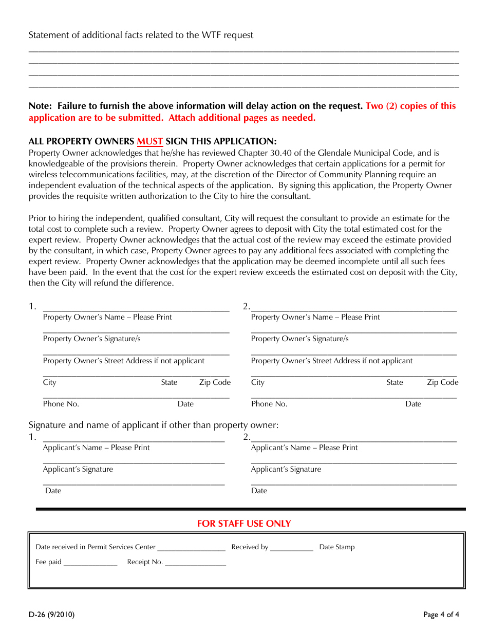 Form D-26 Wireless Telecommunication Facilities (Wtf) - CIty of Glendale, California, Page 4