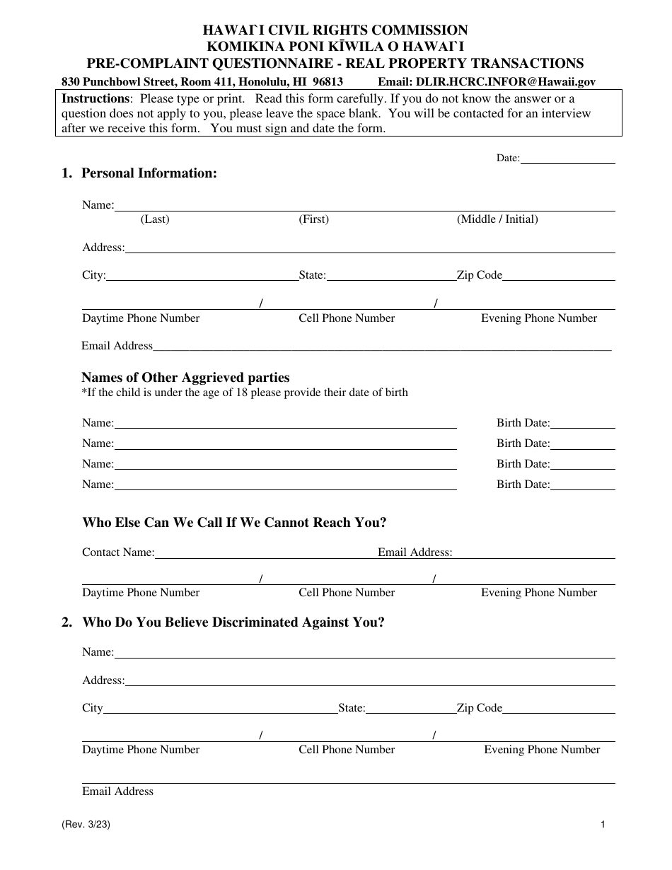 Pre-complaint Questionnaire - Real Property Transactions - Hawaii, Page 3
