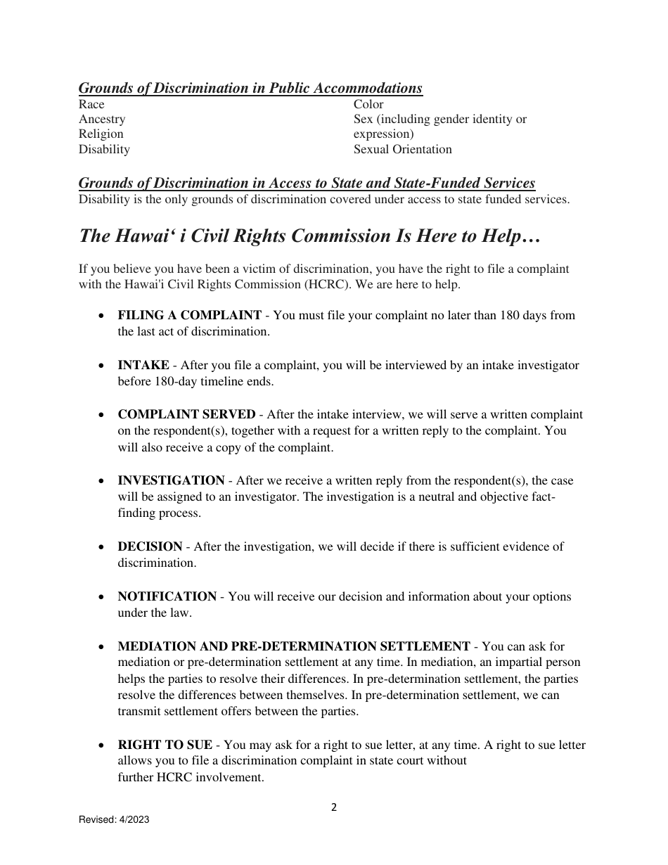 Pre-complaint Questionnaire - Public Accommodations / Access to State and State Funded Services - Hawaii, Page 2