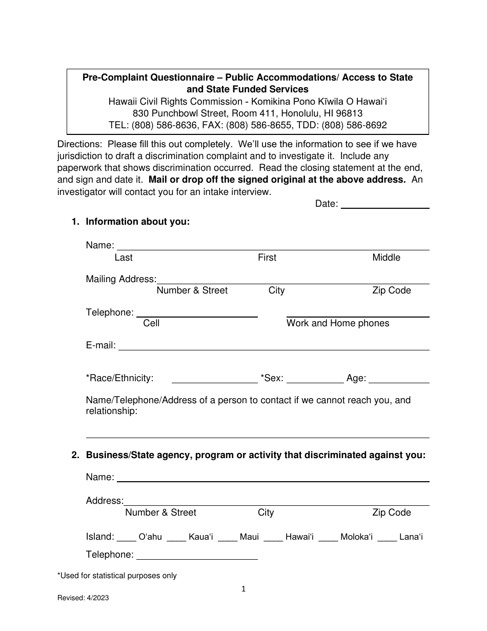 Pre-complaint Questionnaire - Public Accommodations / Access to State and State Funded Services - Hawaii, Page 3