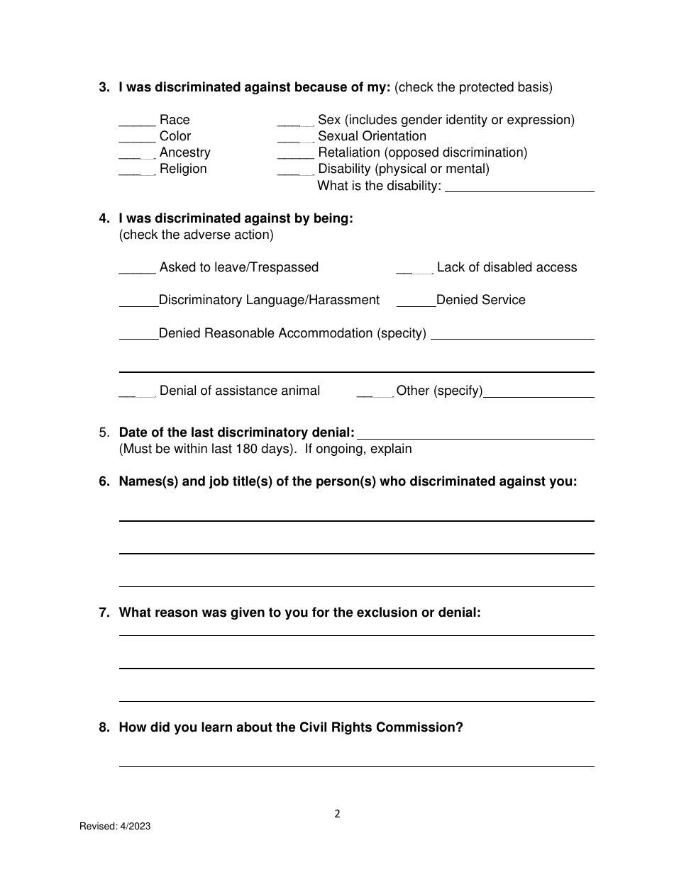 Pre-complaint Questionnaire - Public Accommodations / Access to State and State Funded Services - Hawaii, Page 4