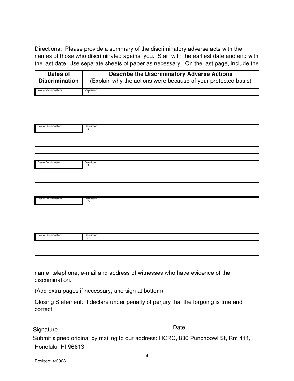 Pre-complaint Questionnaire - Public Accommodations / Access to State and State Funded Services - Hawaii, Page 6