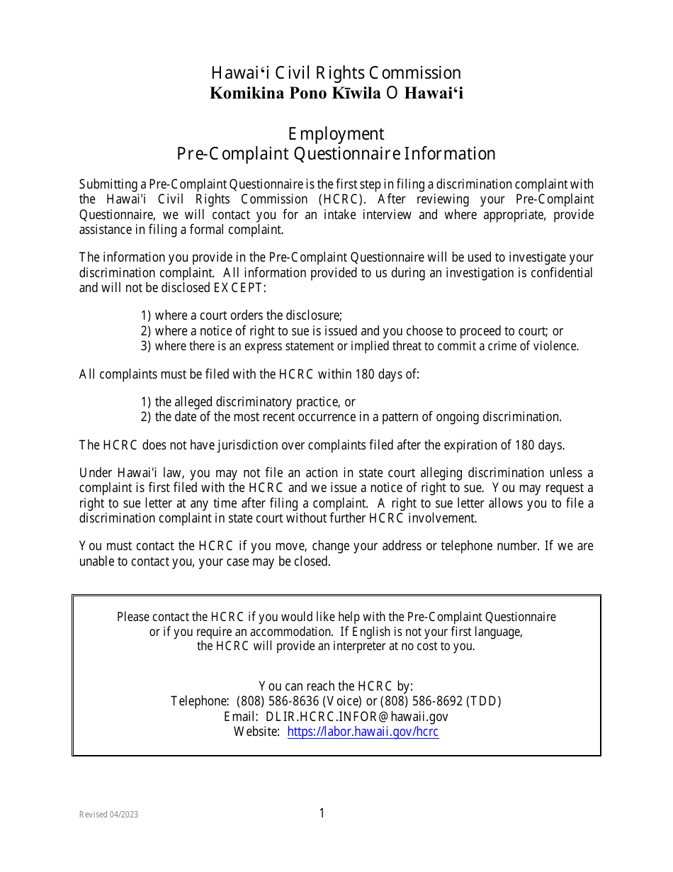 Pre-complaint Questionnaire - Employment - Hawaii, Page 1