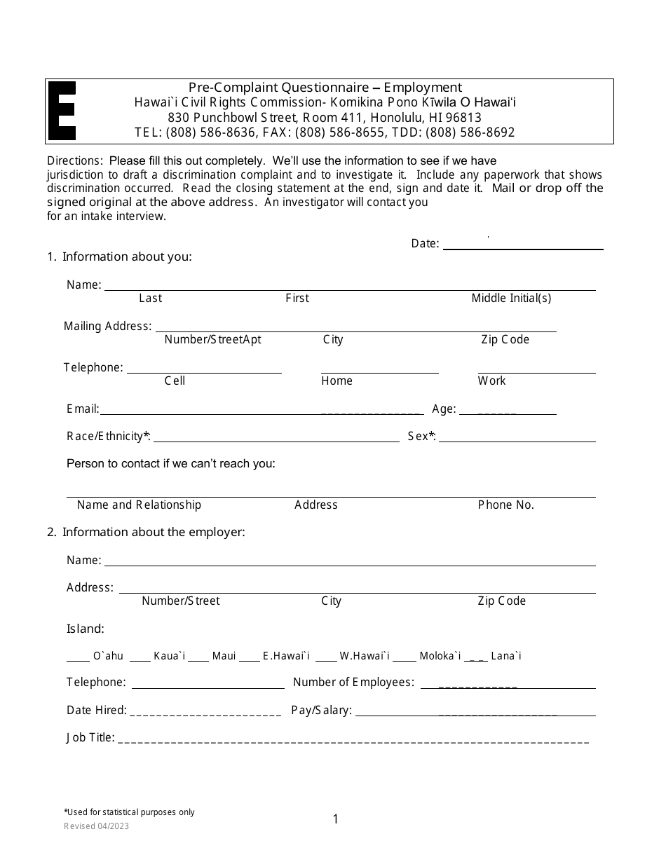 Pre-complaint Questionnaire - Employment - Hawaii, Page 3
