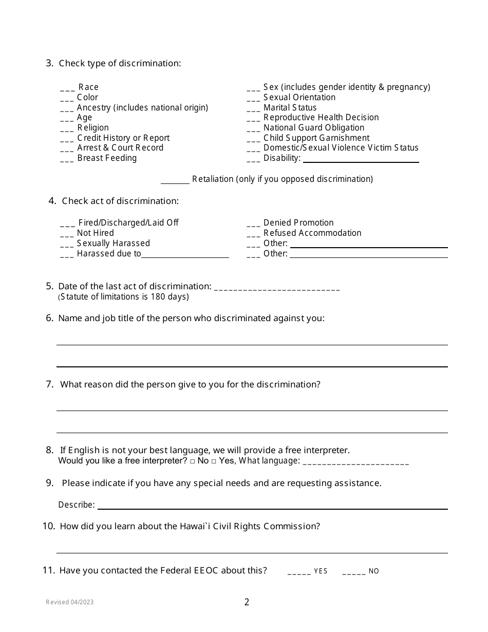 Pre-complaint Questionnaire - Employment - Hawaii, Page 4