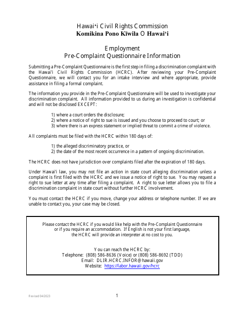 Pre-complaint Questionnaire - Employment - Hawaii Download Pdf