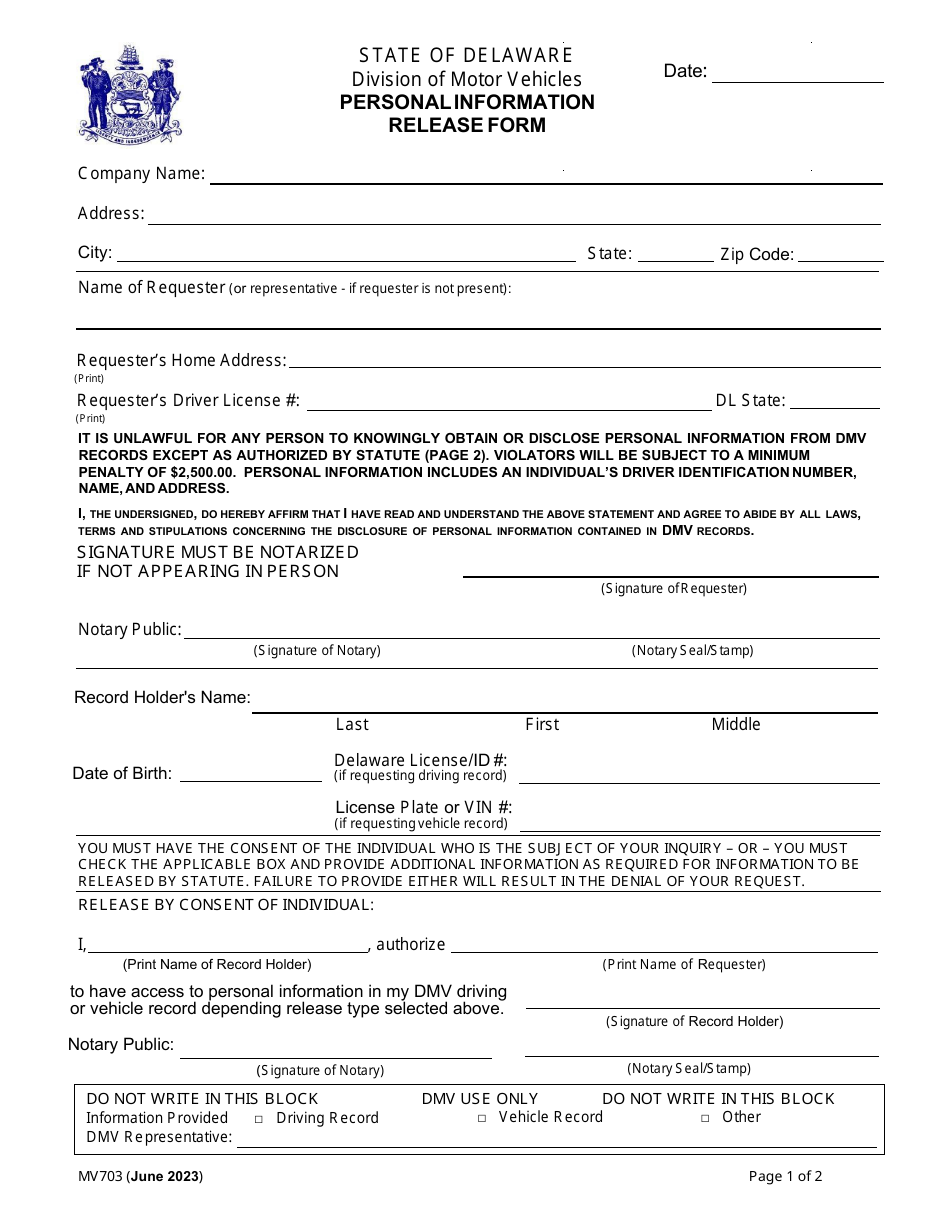 Form MV703 Personal Information Release Form - Delaware, Page 1