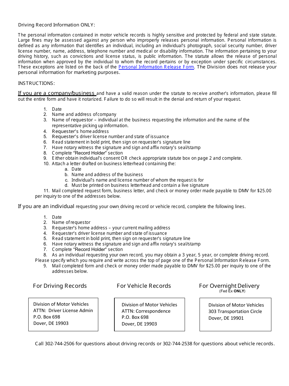 Form MV703 Personal Information Release Form - Delaware, Page 3
