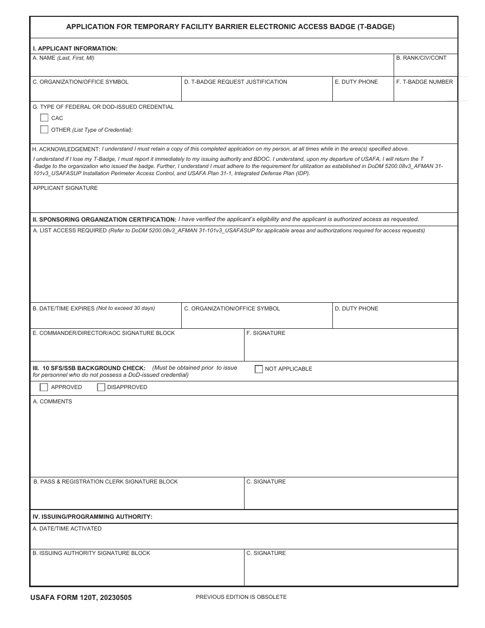 USAFA Form 120T Application for Temporary Facility Barrier Electronic Access Badge (T-Badge), Page 1