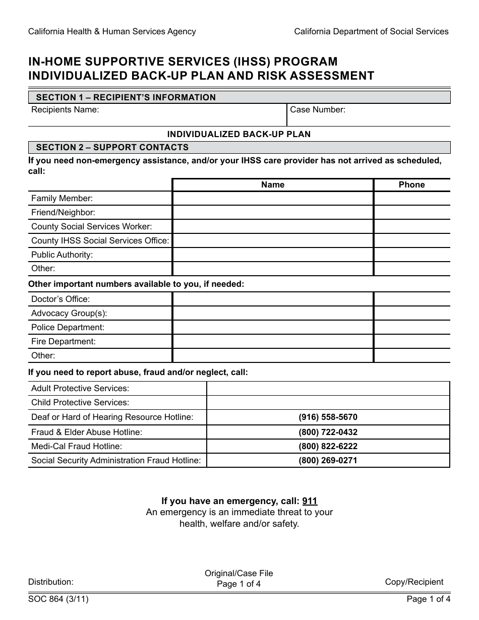 Form SOC864 In-home Supportive Services (Ihss) Program Individualized Back-Up Plan and Risk Assessment - California, Page 1
