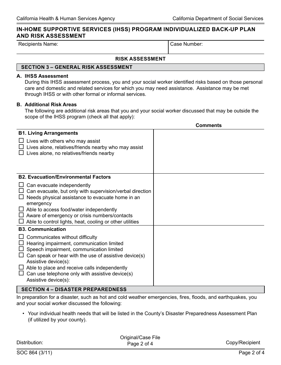 Form SOC864 In-home Supportive Services (Ihss) Program Individualized Back-Up Plan and Risk Assessment - California, Page 2