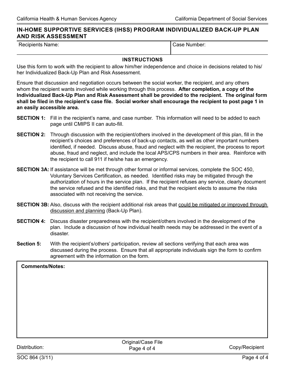 Form SOC864 In-home Supportive Services (Ihss) Program Individualized Back-Up Plan and Risk Assessment - California, Page 4