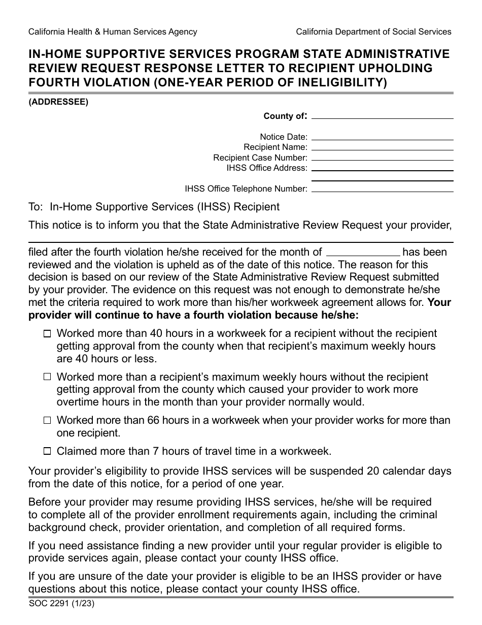 Form SOC2291 In-home Supportive Services Program State Administrative Review Request Response Letter to Recipient Upholding Fourth Violation (One-Year Period of Ineligibility) - California, Page 1