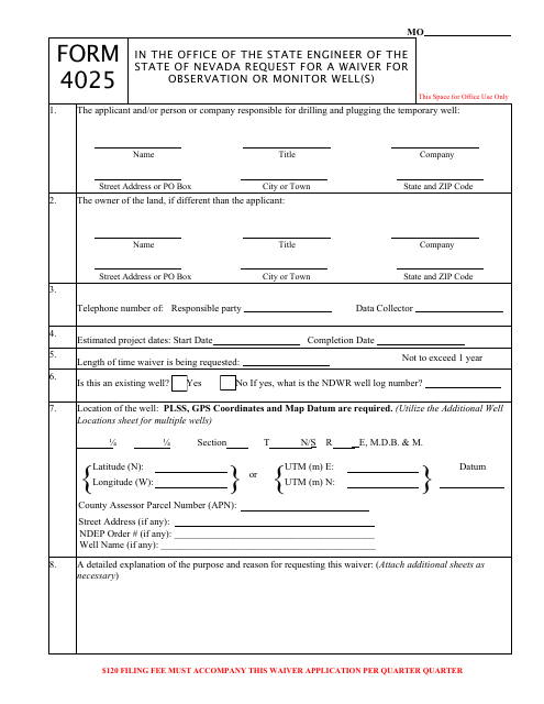 Form 4025 Request for a Waiver for Observation or Monitor Well(S) - Nevada