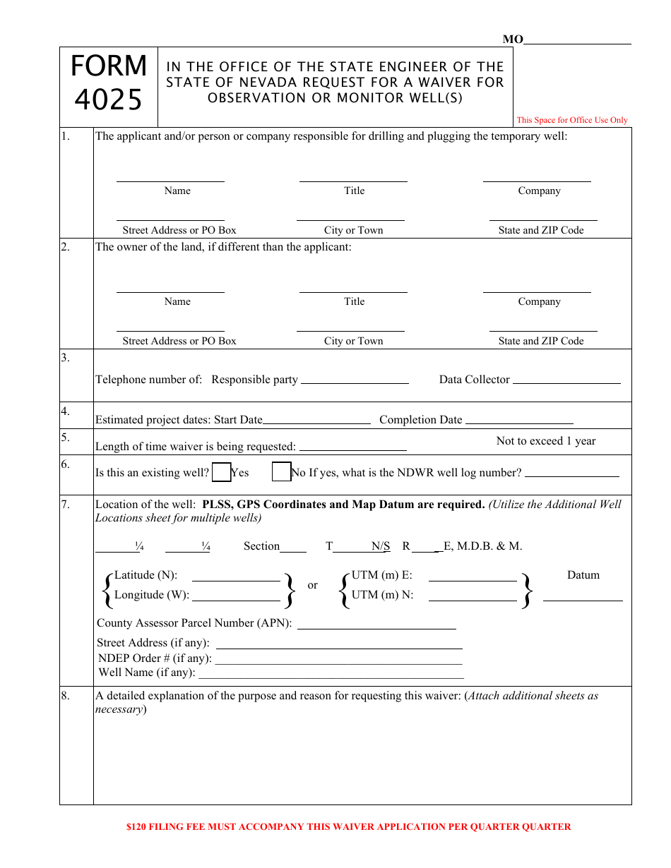 Form 4025 Request for a Waiver for Observation or Monitor Well(S) - Nevada, Page 1