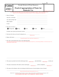 Document preview: Form 2001 Proof of Appropriation of Water for Domestic Use - Nevada