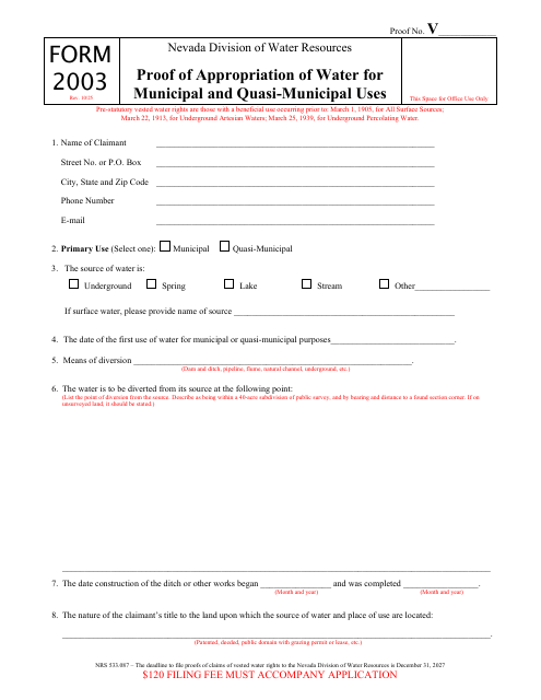 Form 2003 Proof of Appropriation of Water for Municipal and Quasi-Municipal Uses - Nevada