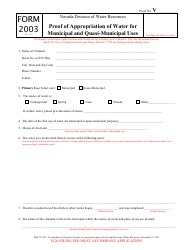 Form 2003 Proof of Appropriation of Water for Municipal and Quasi-Municipal Uses - Nevada