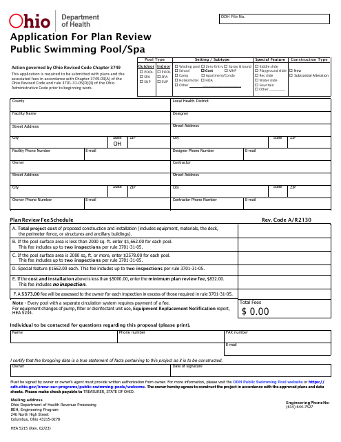 Form HEA5215 Application for Plan Review Public Swimming Pool/Spa - Ohio