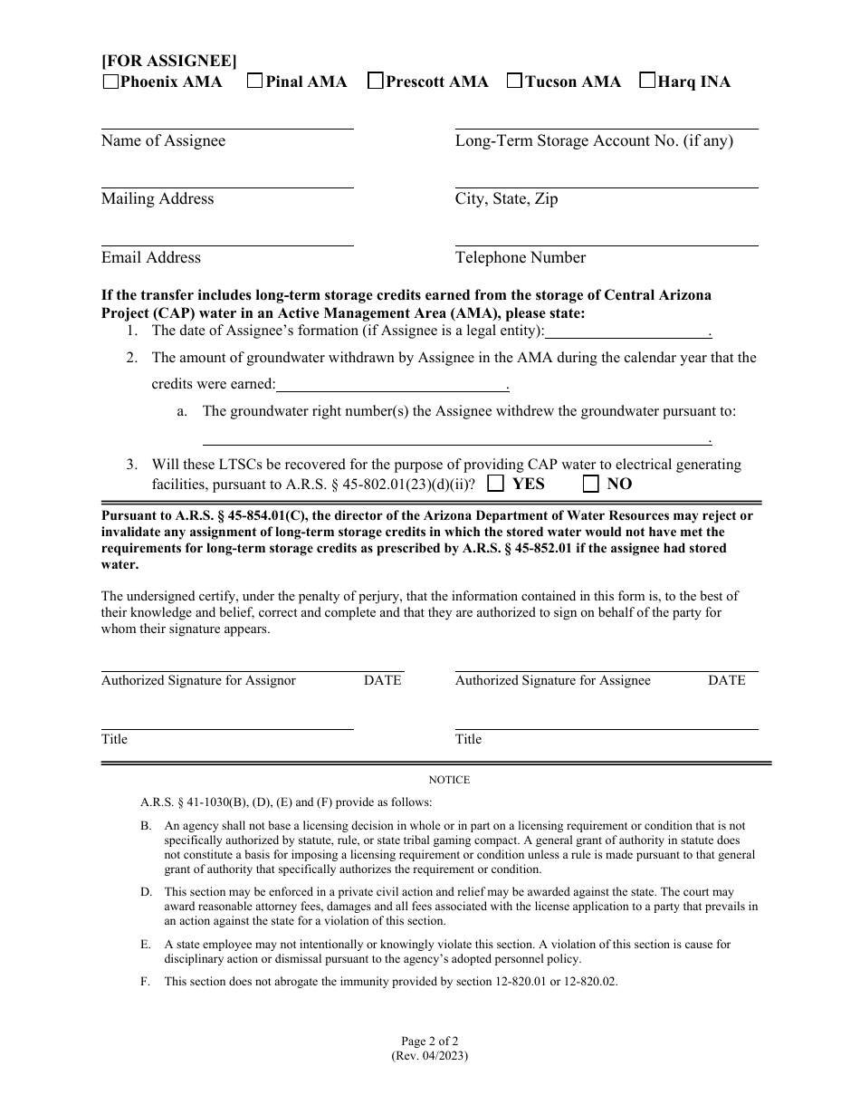 Assignment of Long-Term Storage Credits Form - Arizona, Page 2