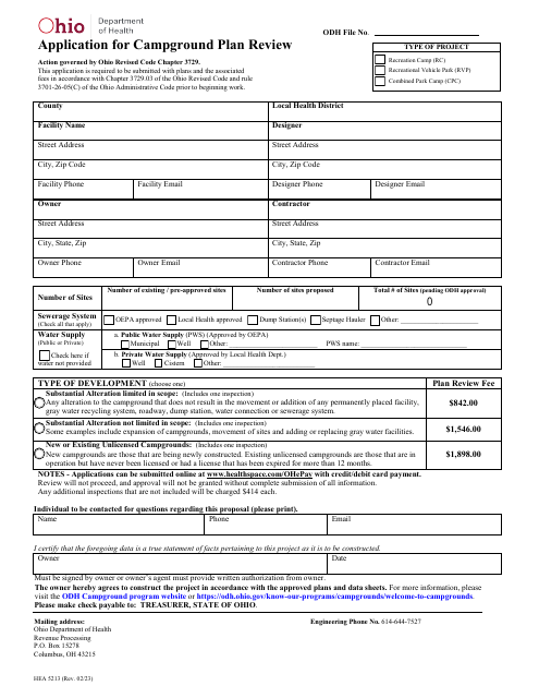 Form HEA5213 Application for Campground Plan Review - Ohio