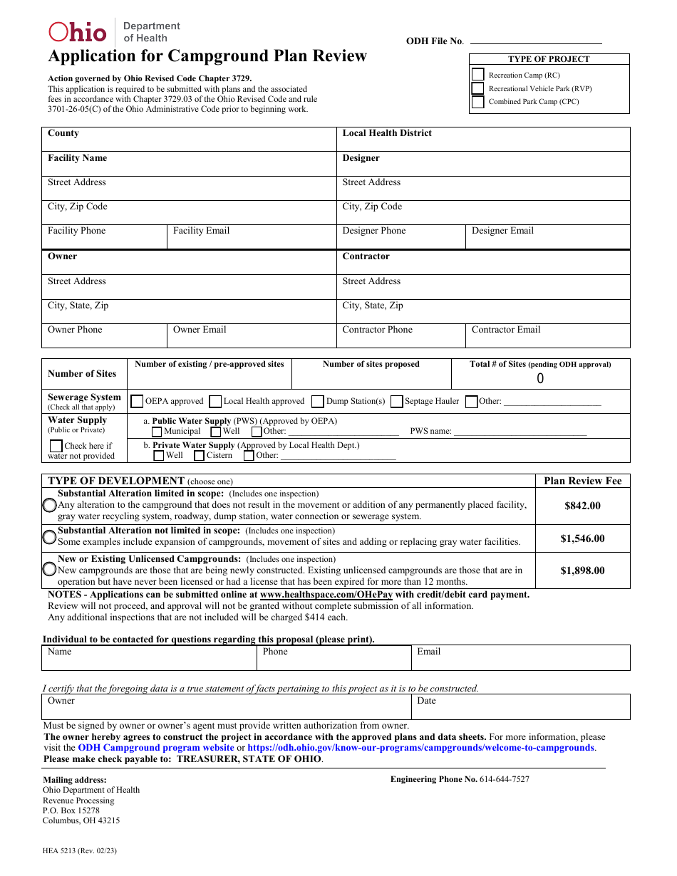Form HEA5213 Application for Campground Plan Review - Ohio, Page 1