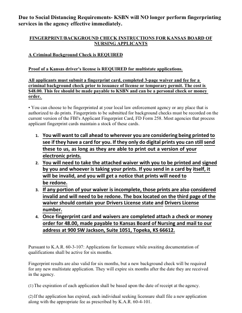 Waiver Agreement and Fbi Privacy Act Statement - Kansas Download Pdf