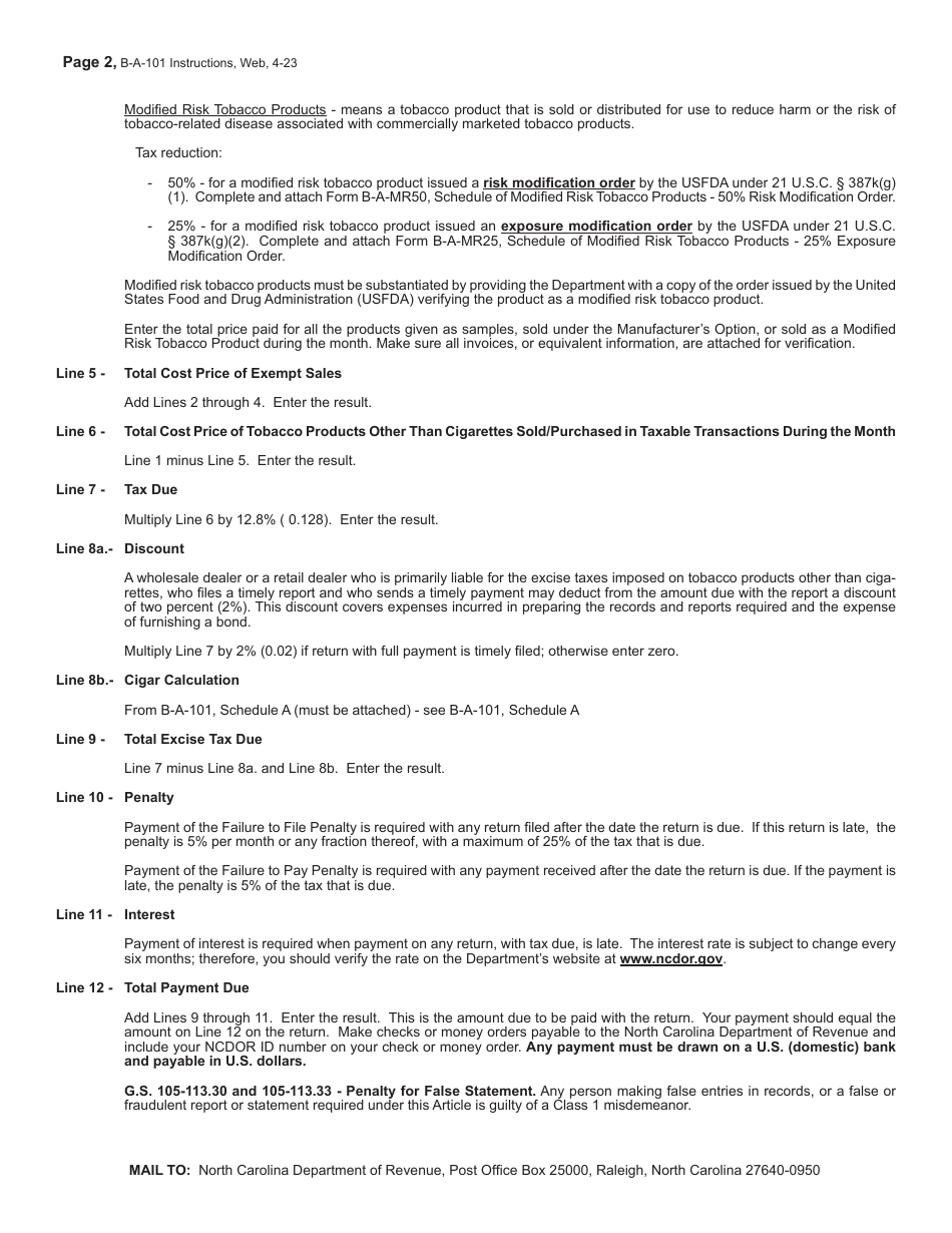 Instructions for Form B-A-101 Monthly Tobacco Products Other Than Cigarettes Excise Tax Return - North Carolina, Page 2