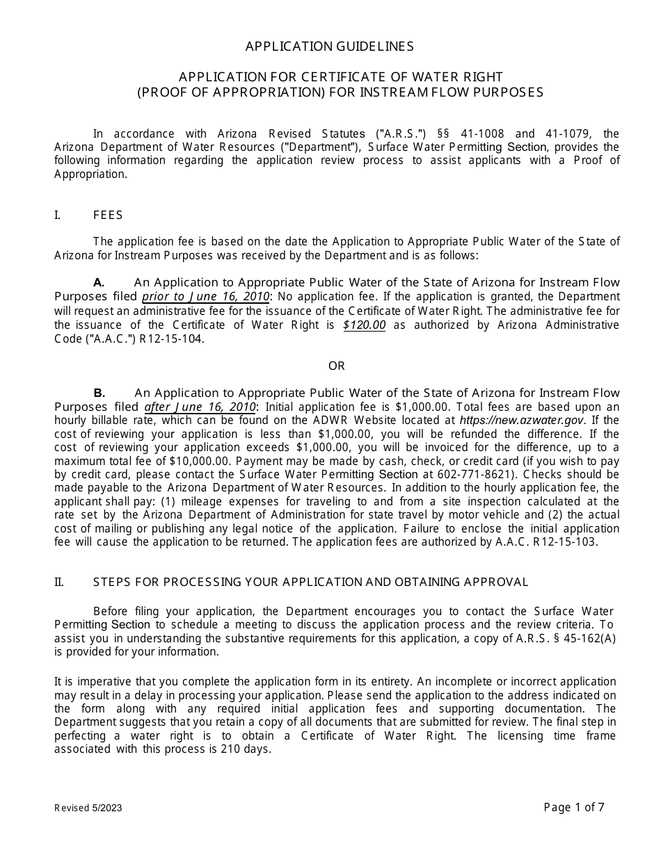 Application for Certificate of Water Right (Proof of Appropriation) for Instream Flow Purposes - Arizona, Page 1