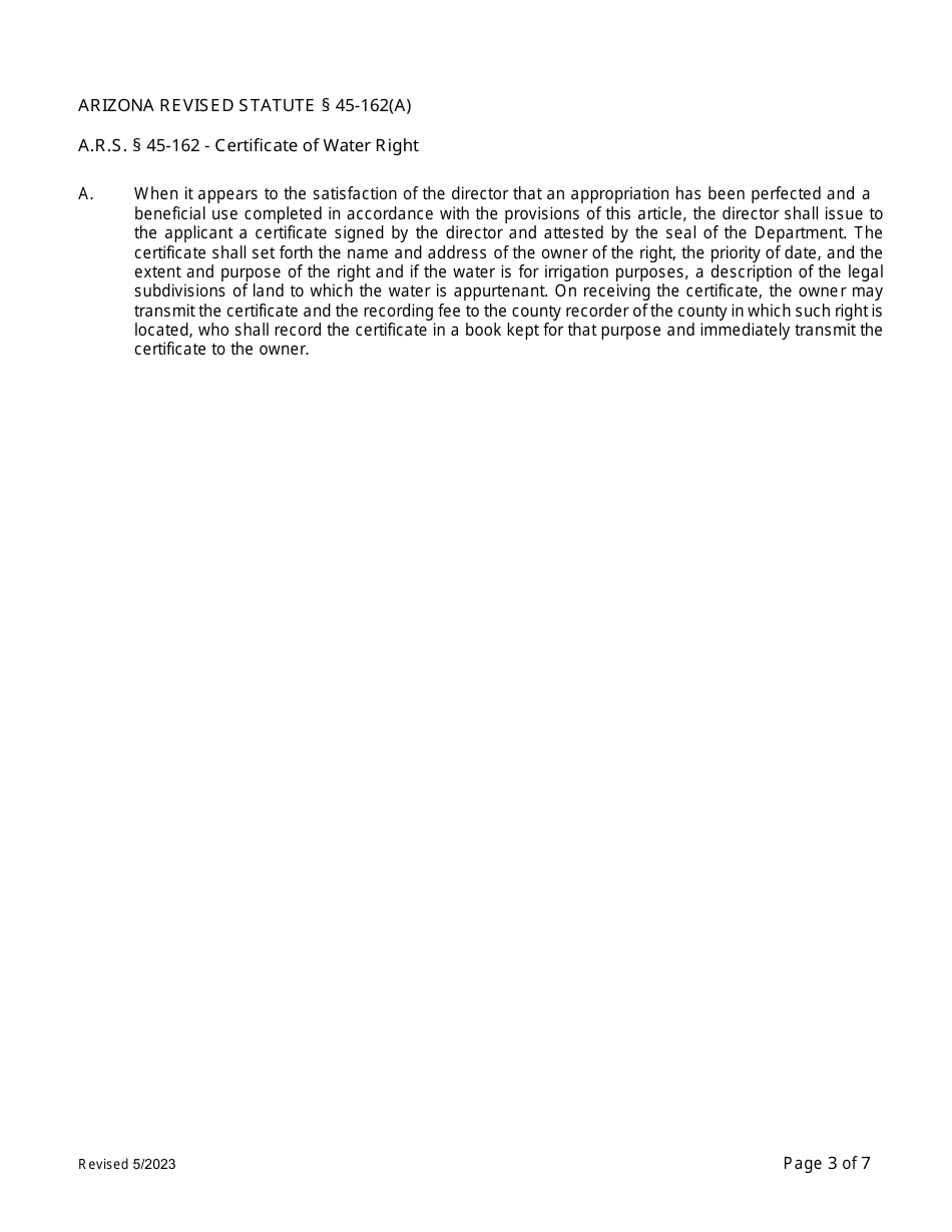 Application for Certificate of Water Right (Proof of Appropriation) for Instream Flow Purposes - Arizona, Page 3