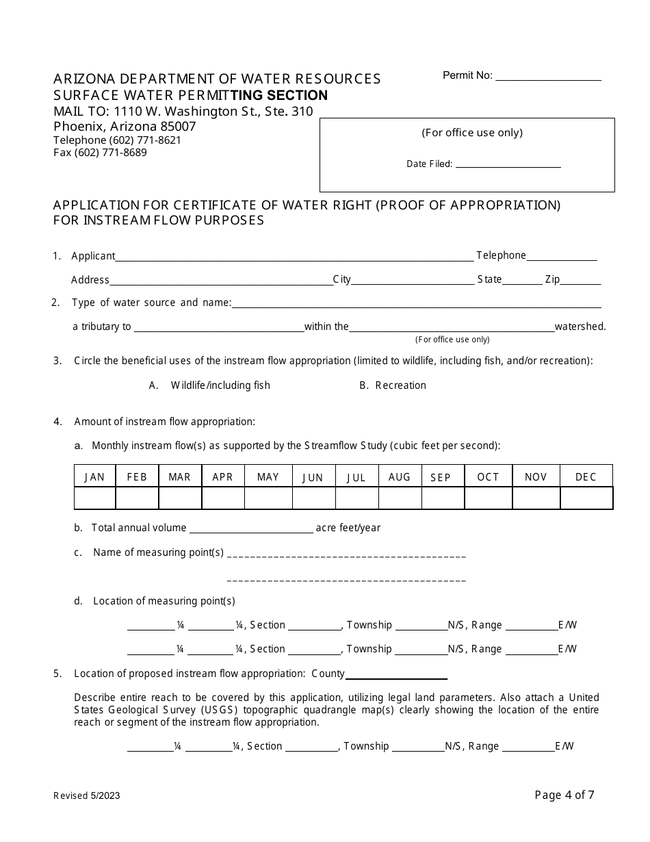 Application for Certificate of Water Right (Proof of Appropriation) for Instream Flow Purposes - Arizona, Page 4