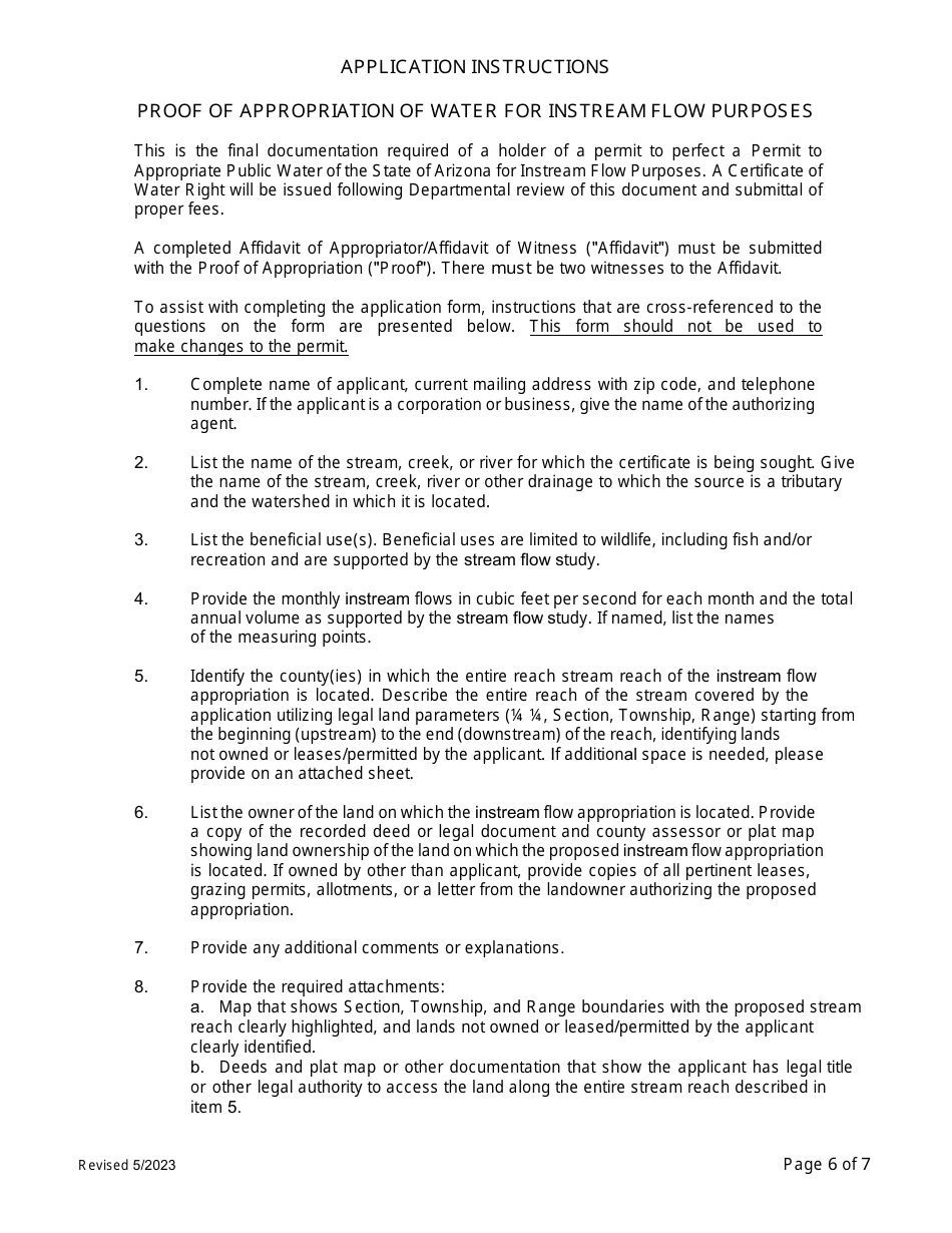 Application for Certificate of Water Right (Proof of Appropriation) for Instream Flow Purposes - Arizona, Page 6