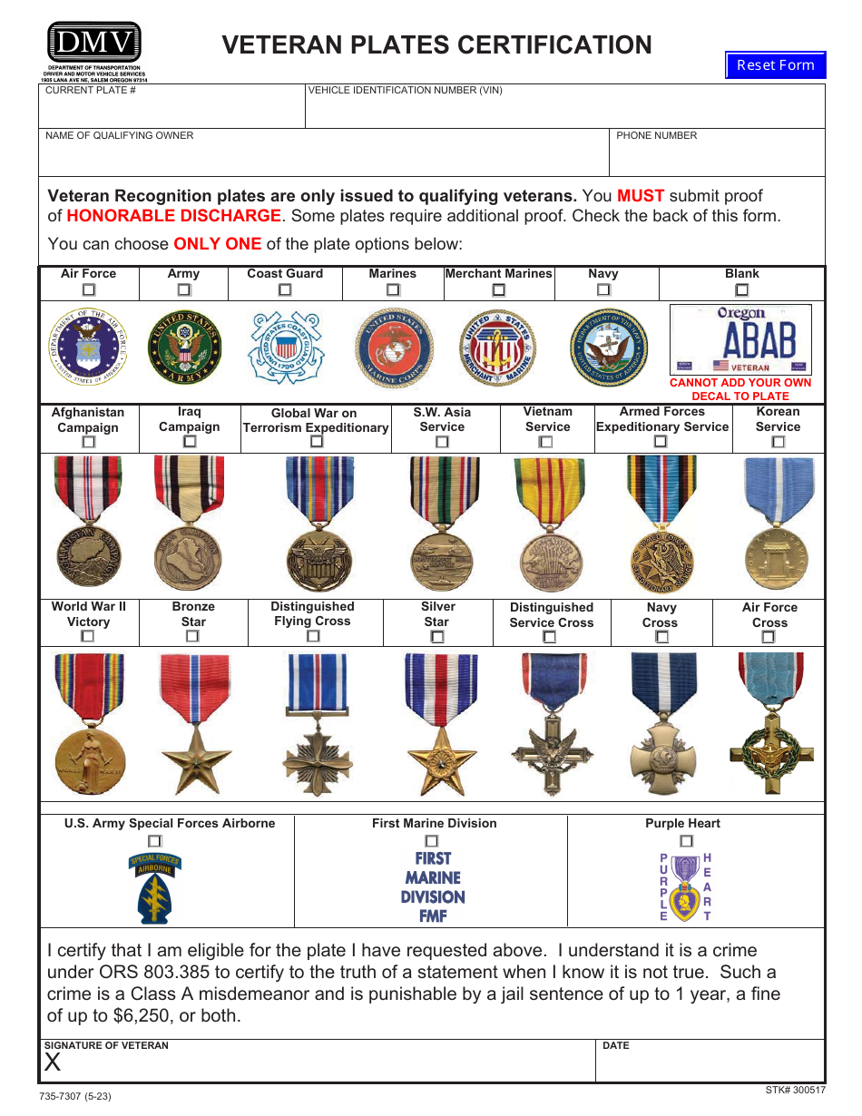 Form 735-7307 Veteran Plates Certification - Oregon, Page 1