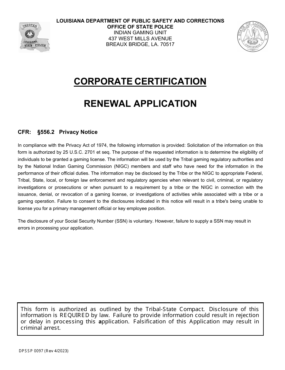 Form DPSSP0097 Renewal Application - Louisiana, Page 1