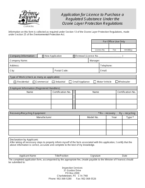 Application for Licence to Purchase a Regulated Substance Under the Ozone Layer Protection Regulations - Prince Edward Island, Canada Download Pdf