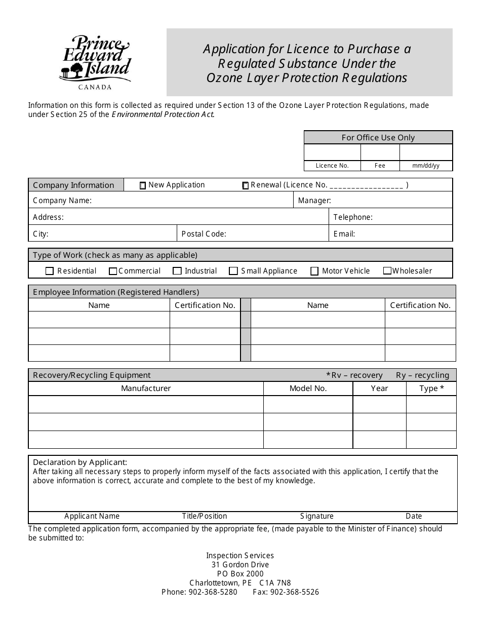 Application for Licence to Purchase a Regulated Substance Under the Ozone Layer Protection Regulations - Prince Edward Island, Canada, Page 1