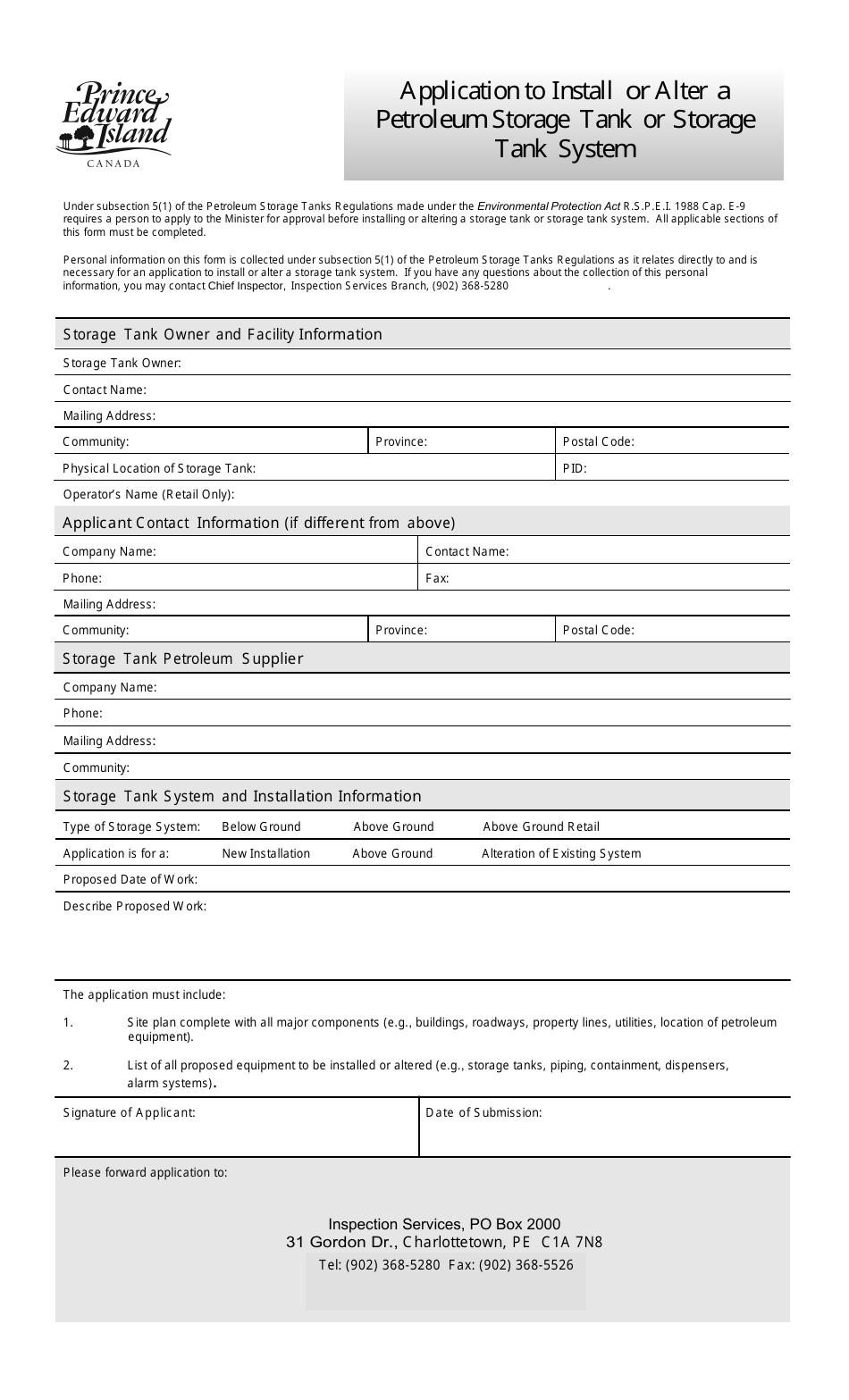 Application to Install or Alter a Petroleum Storage Tank or Storage Tank System - Prince Edward Island, Canada, Page 1