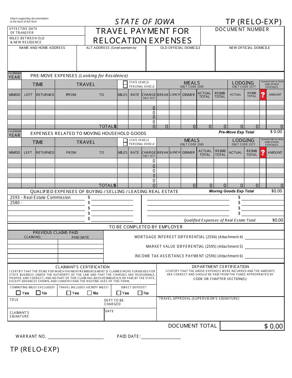 Form TP (RELO-EXP) Travel Payment for Relocation Expenses - Iowa, Page 1